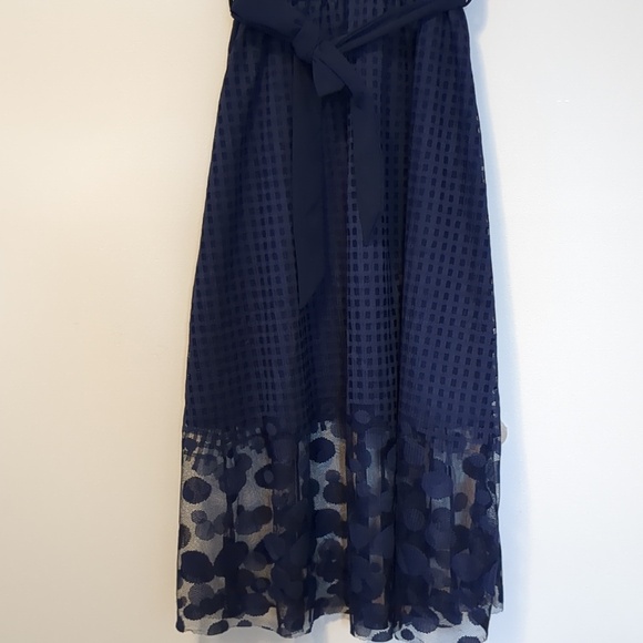 Navy Midi Dress Polka Dot Mesh Hem Detachable Belt Size M - Picture 5 of 15